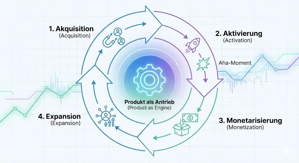 Schematische Darstellung eines Product-Led Growth Flywheels.